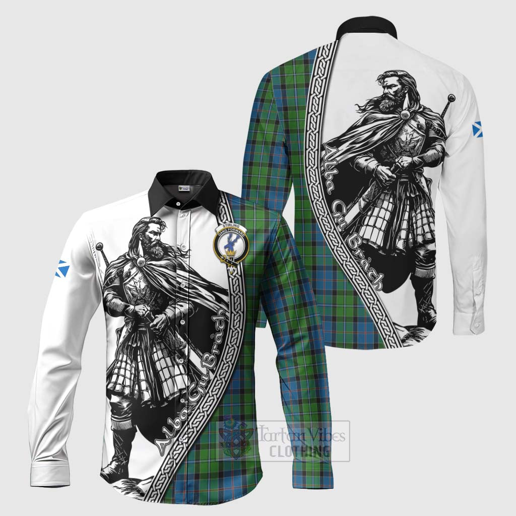 Tartan Vibes Clothing Stirling Tartan Clan Crest Long Sleeve Button Shirt with Highlander Warrior Celtic Style