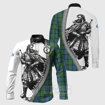 Tartan Vibes Clothing Stirling Tartan Clan Crest Long Sleeve Button Shirt with Highlander Warrior Celtic Style