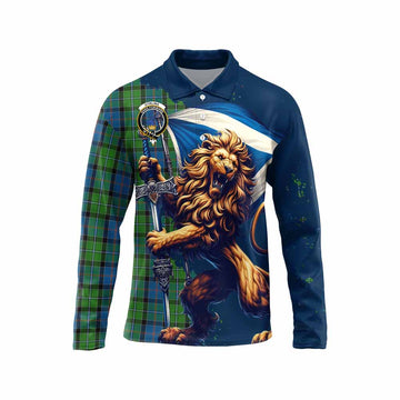 Tartan Vibes Clothing Stirling Tartan Family Crest Long Sleeve Polo Shirt with Scottish Majestic Lion