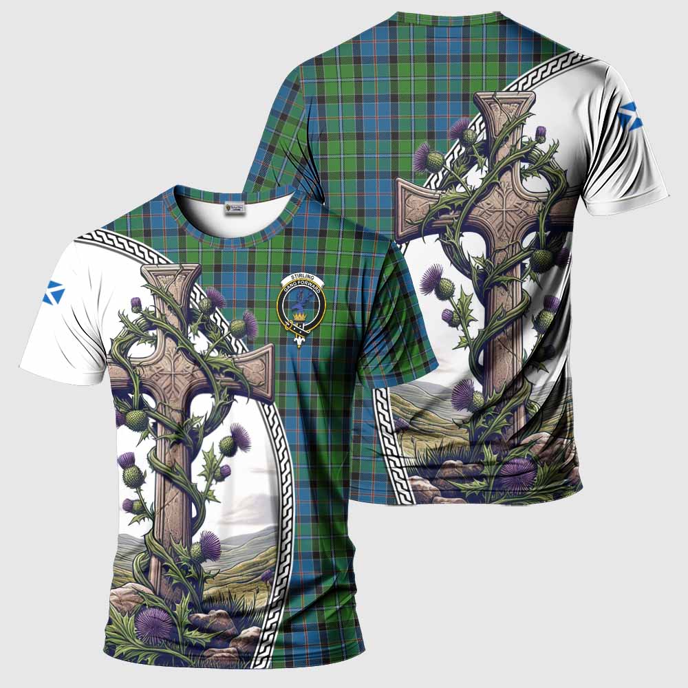 Tartan Vibes Clothing Stirling Agnew Tartan T-Shirt with Family Crest and St. Andrew's Cross Accented by Thistle Vines