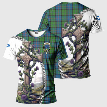 Tartan Vibes Clothing Stirling Agnew Tartan T-Shirt with Family Crest and St. Andrew's Cross Accented by Thistle Vines