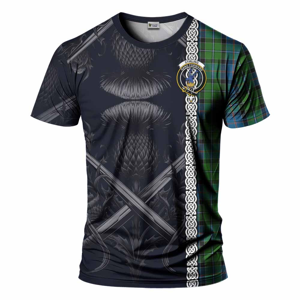 Tartan Vibes Clothing Stirling Tartan T-Shirt with Family Crest Cross Sword Thistle Celtic Vibes