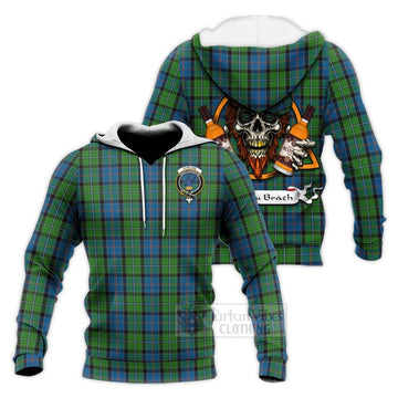 Tartan Vibes Clothing Stirling Tartan Knitted Hoodie with Family Crest and Bearded Skull Holding Bottles of Whiskey
