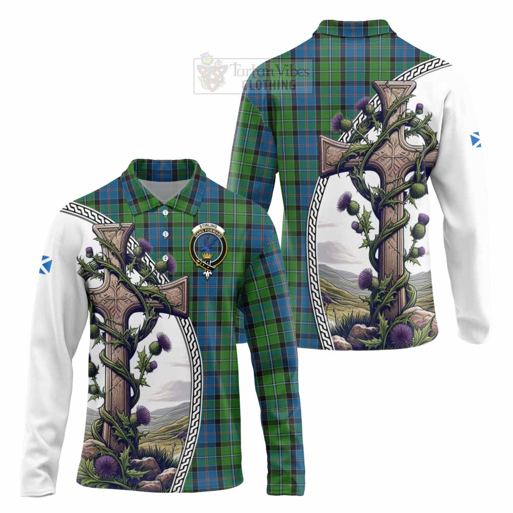 Tartan Vibes Clothing Stirling Tartan Long Sleeve Polo Shirt with Family Crest and St. Andrew's Cross Accented by Thistle Vines
