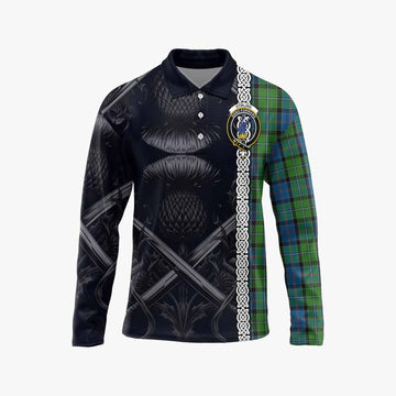 Tartan Vibes Clothing Stirling Tartan Long Sleeve Polo Shirt with Family Crest Cross Sword Thistle Celtic Vibes