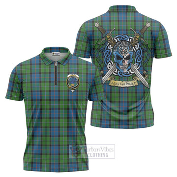 Tartan Vibes Clothing Stirling Tartan Zipper Polo Shirt with Family Crest Celtic Skull Style