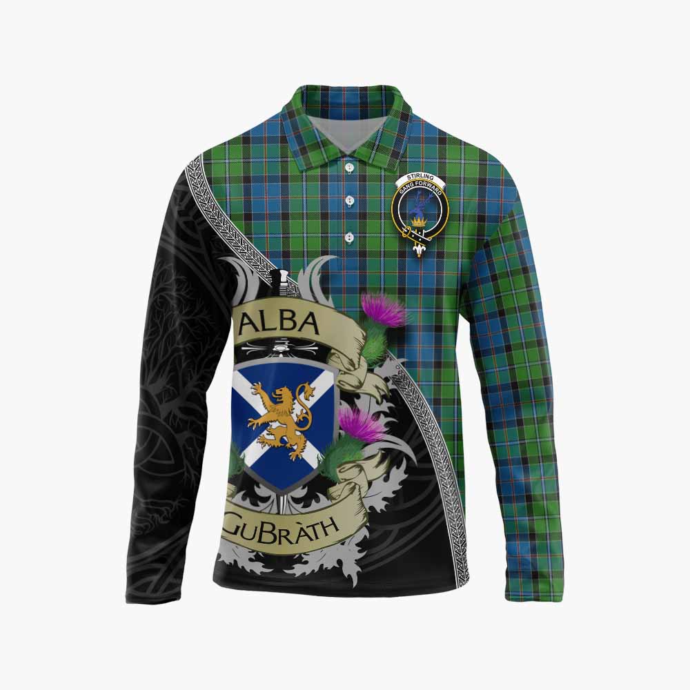 Tartan Vibes Clothing Stirling Tartan Family Crest Long Sleeve Polo Shirt Lion Rampant Royal Thistle Shield Celtic Inspired