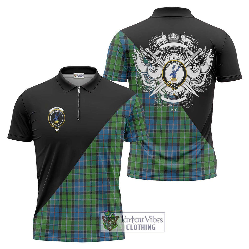 Stirling Tartan Zipper Polo Shirt with Family Crest and Military Logo Style Unisex - Tartanvibesclothing Shop