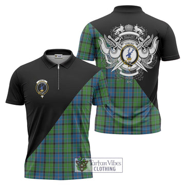 Stirling Tartan Zipper Polo Shirt with Family Crest and Military Logo Style Unisex - Tartanvibesclothing Shop