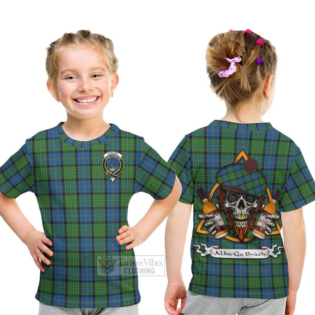 Tartan Vibes Clothing Stirling Tartan Kid T-Shirt with Family Crest and Bearded Skull Holding Bottles of Whiskey