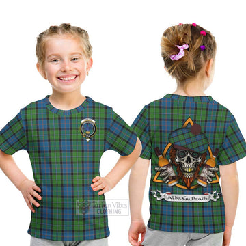 Tartan Vibes Clothing Stirling Tartan Kid T-Shirt with Family Crest and Bearded Skull Holding Bottles of Whiskey