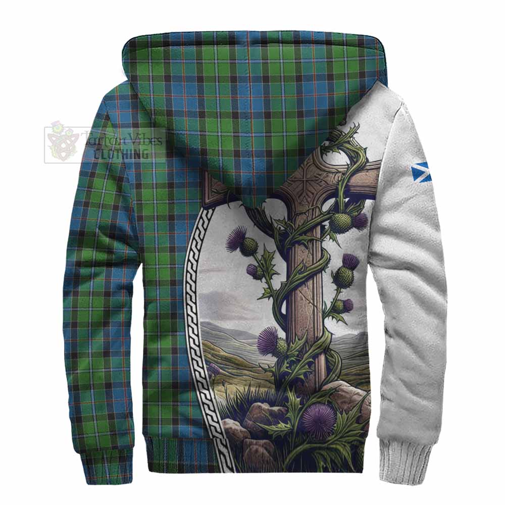 Tartan Vibes Clothing Stirling Tartan Sherpa Hoodie with Family Crest and St. Andrew's Cross Accented by Thistle Vines