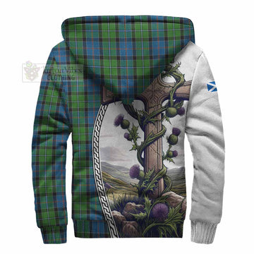 Tartan Vibes Clothing Stirling Tartan Sherpa Hoodie with Family Crest and St. Andrew's Cross Accented by Thistle Vines