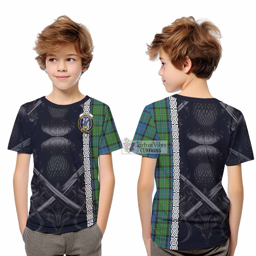 Tartan Vibes Clothing Stirling Tartan Kid T-Shirt with Family Crest Cross Sword Thistle Celtic Vibes