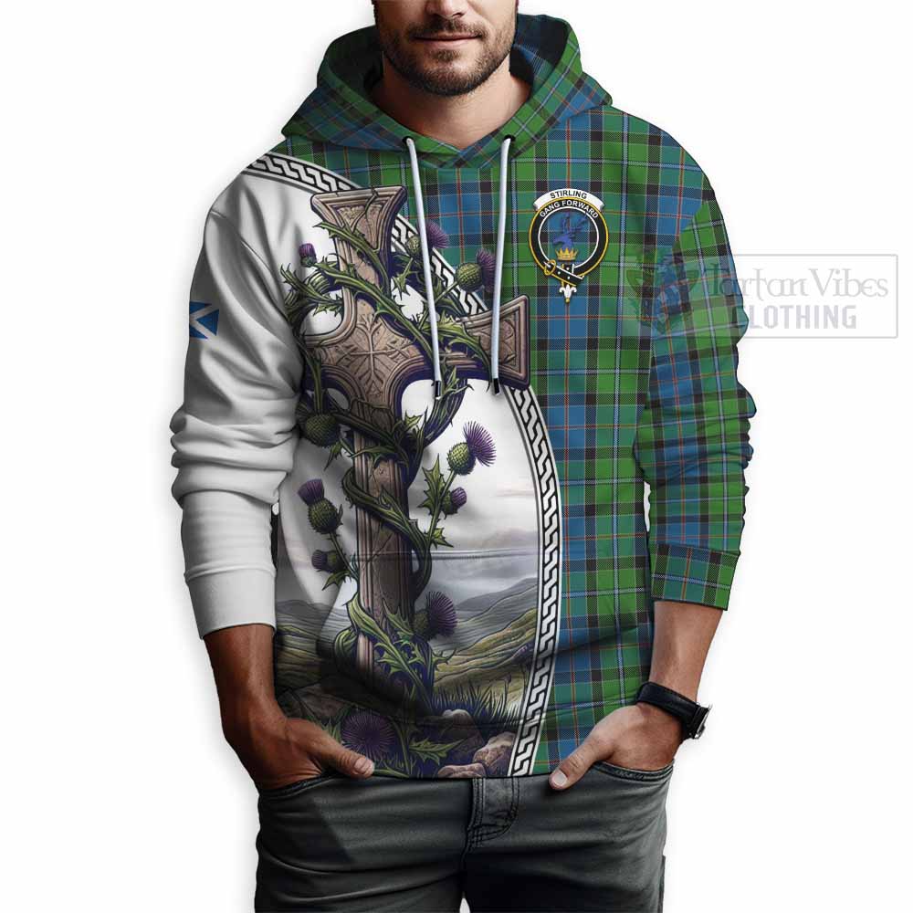 Tartan Vibes Clothing Stirling Tartan Hoodie with Family Crest and St. Andrew's Cross Accented by Thistle Vines