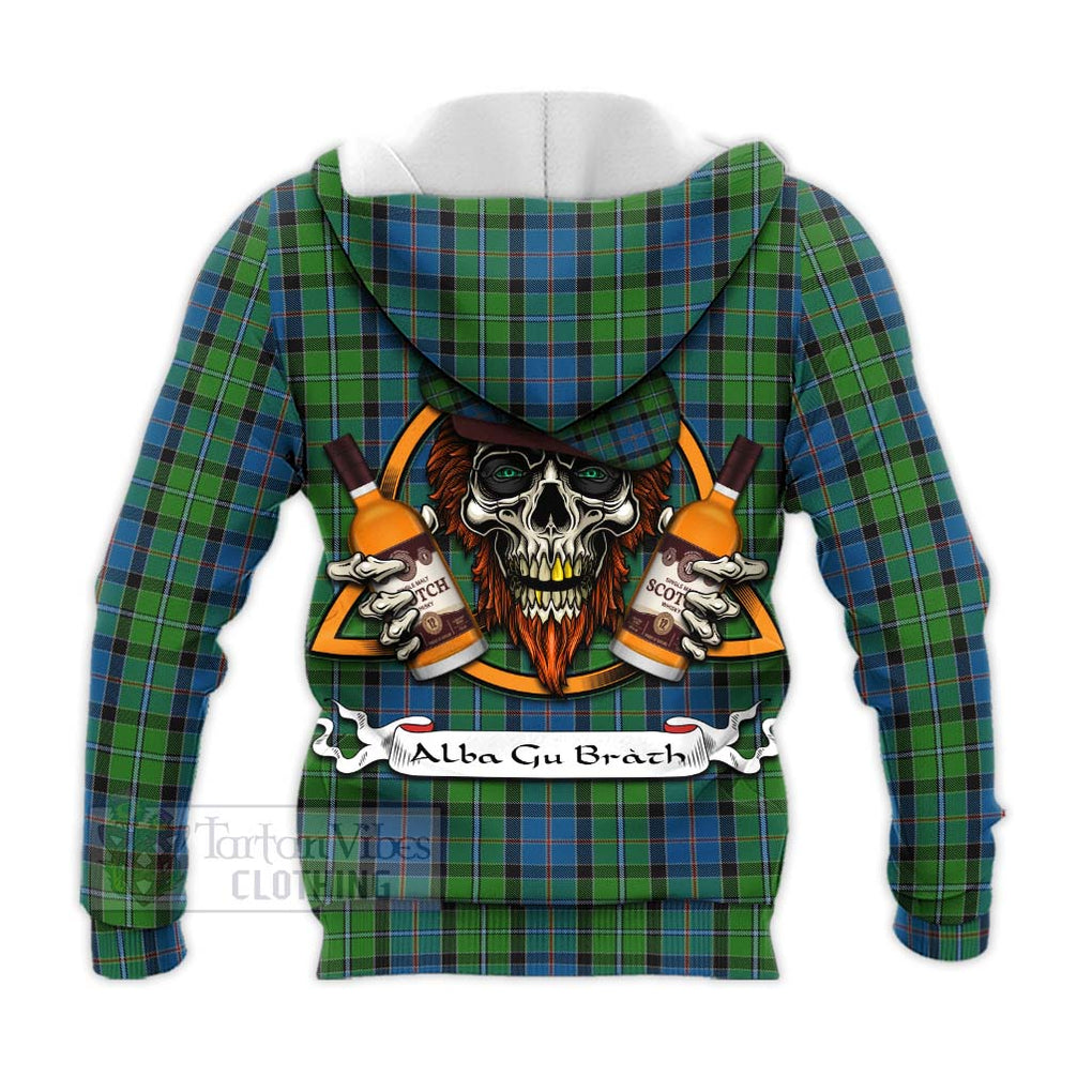 Tartan Vibes Clothing Stirling Tartan Knitted Hoodie with Family Crest and Bearded Skull Holding Bottles of Whiskey