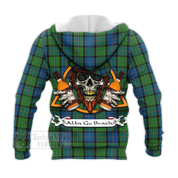 Tartan Vibes Clothing Stirling Tartan Knitted Hoodie with Family Crest and Bearded Skull Holding Bottles of Whiskey