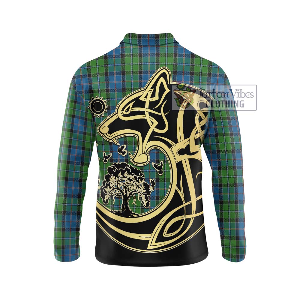 Stirling Tartan Long Sleeve Polo Shirt with Family Crest Celtic Wolf Style - Tartanvibesclothing Shop