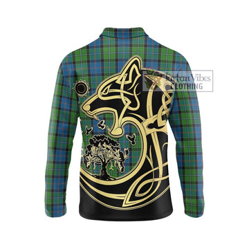 Stirling Tartan Long Sleeve Polo Shirt with Family Crest Celtic Wolf Style - Tartanvibesclothing Shop