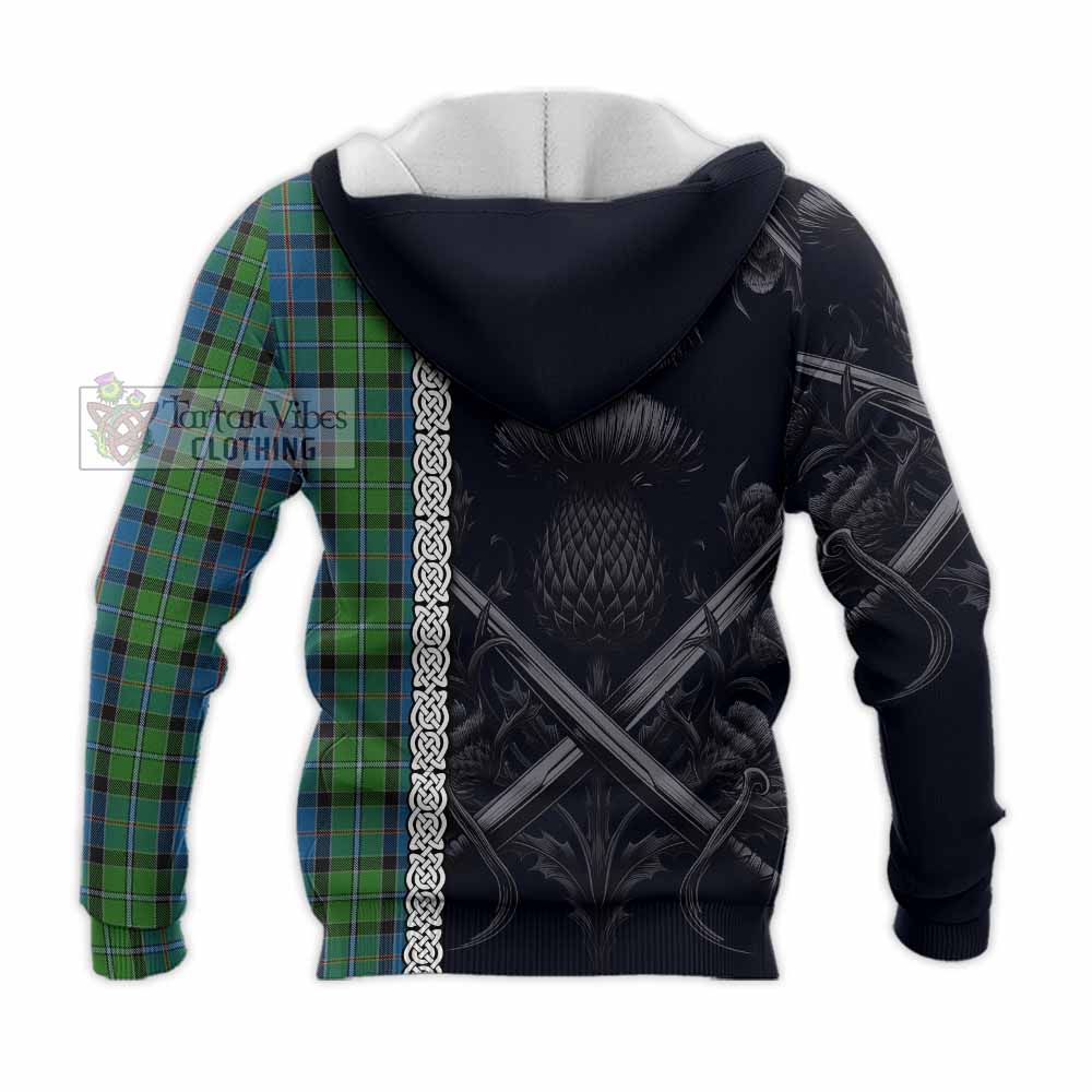Tartan Vibes Clothing Stirling Tartan Knitted Hoodie with Family Crest Cross Sword Thistle Celtic Vibes