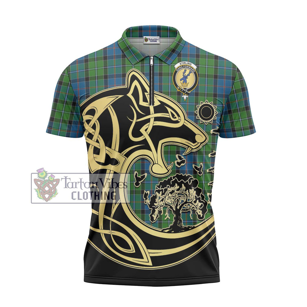 Stirling Tartan Zipper Polo Shirt with Family Crest Celtic Wolf Style - Tartanvibesclothing Shop