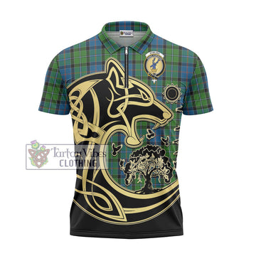 Stirling Tartan Zipper Polo Shirt with Family Crest Celtic Wolf Style - Tartanvibesclothing Shop