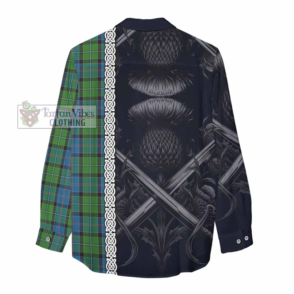 Tartan Vibes Clothing Stirling Tartan Women's Casual Shirt with Family Crest Cross Sword Thistle Celtic Vibes