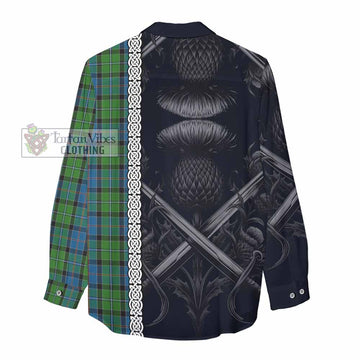 Tartan Vibes Clothing Stirling Tartan Women's Casual Shirt with Family Crest Cross Sword Thistle Celtic Vibes