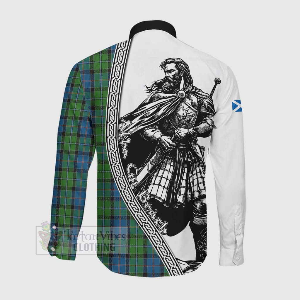 Tartan Vibes Clothing Stirling Tartan Clan Crest Long Sleeve Button Shirt with Highlander Warrior Celtic Style