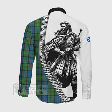 Tartan Vibes Clothing Stirling Tartan Clan Crest Long Sleeve Button Shirt with Highlander Warrior Celtic Style