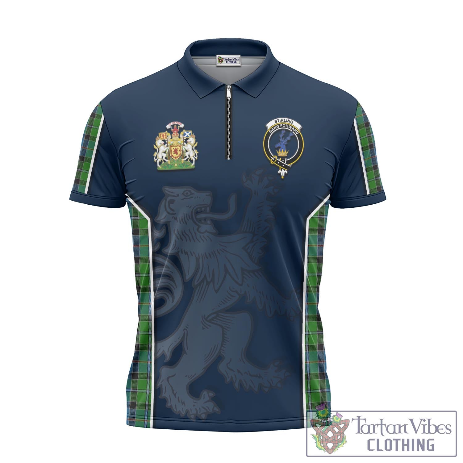 Tartan Vibes Clothing Stirling Tartan Zipper Polo Shirt with Family Crest and Lion Rampant Vibes Sport Style