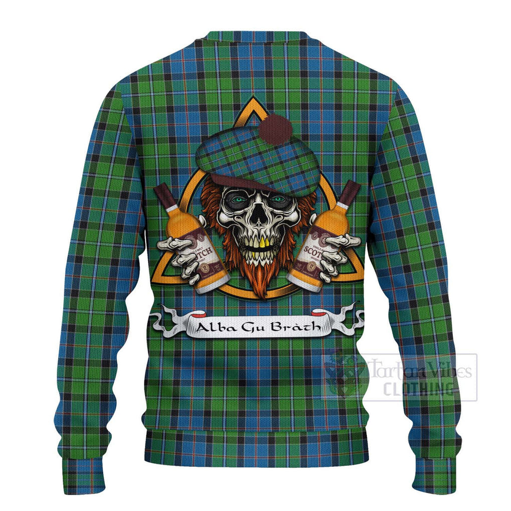 Tartan Vibes Clothing Stirling Tartan Knitted Sweater with Family Crest and Bearded Skull Holding Bottles of Whiskey