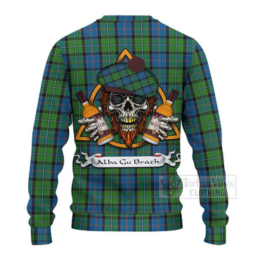 Tartan Vibes Clothing Stirling Tartan Knitted Sweater with Family Crest and Bearded Skull Holding Bottles of Whiskey