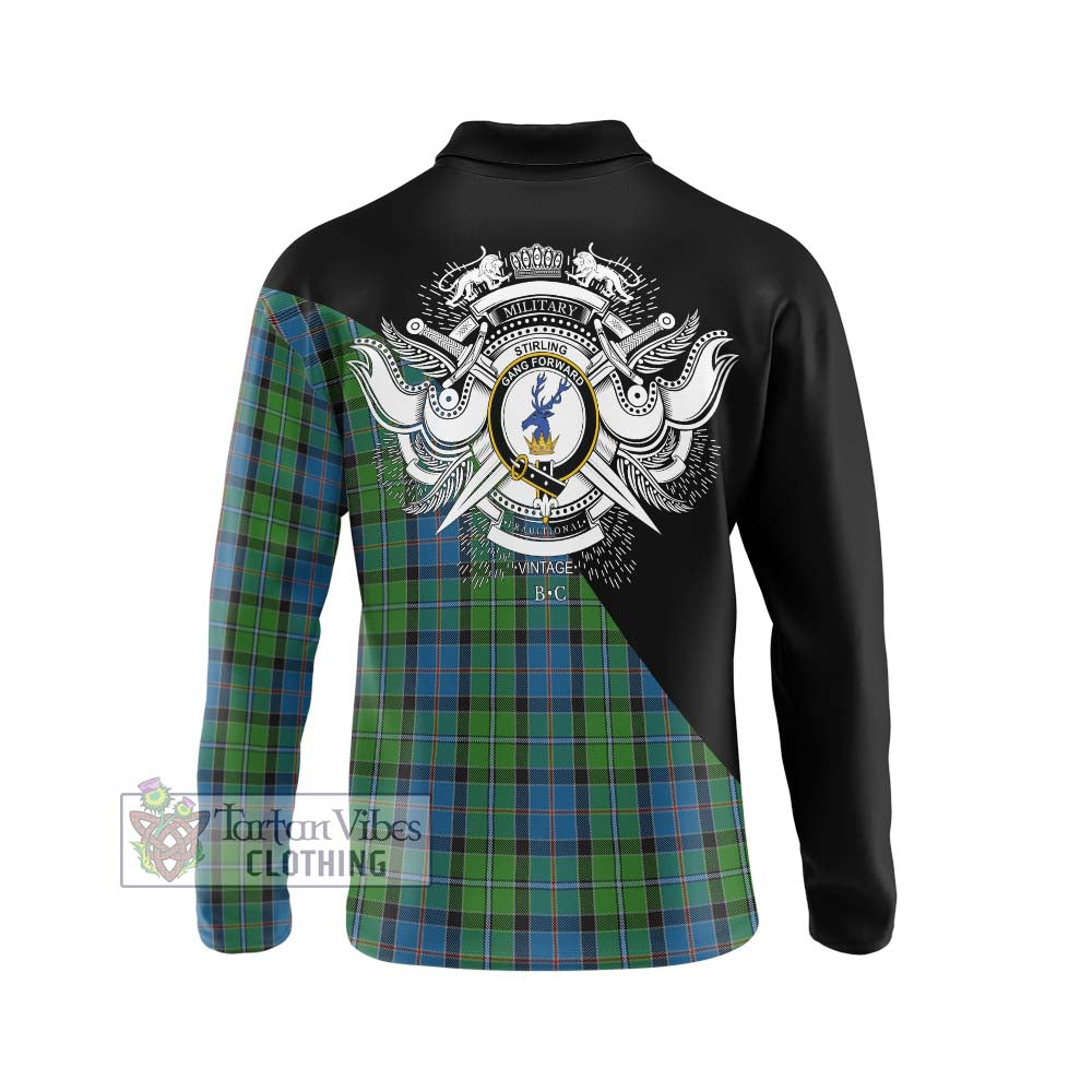 Stirling Tartan Long Sleeve Polo Shirt with Family Crest and Military Logo Style - Tartanvibesclothing Shop