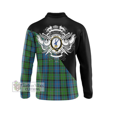 Stirling Tartan Long Sleeve Polo Shirt with Family Crest and Military Logo Style - Tartanvibesclothing Shop