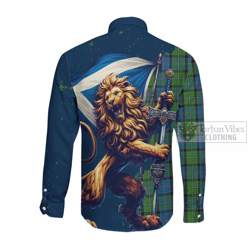Tartan Vibes Clothing Stirling Tartan Family Crest Long Sleeve Button Shirt with Scottish Majestic Lion