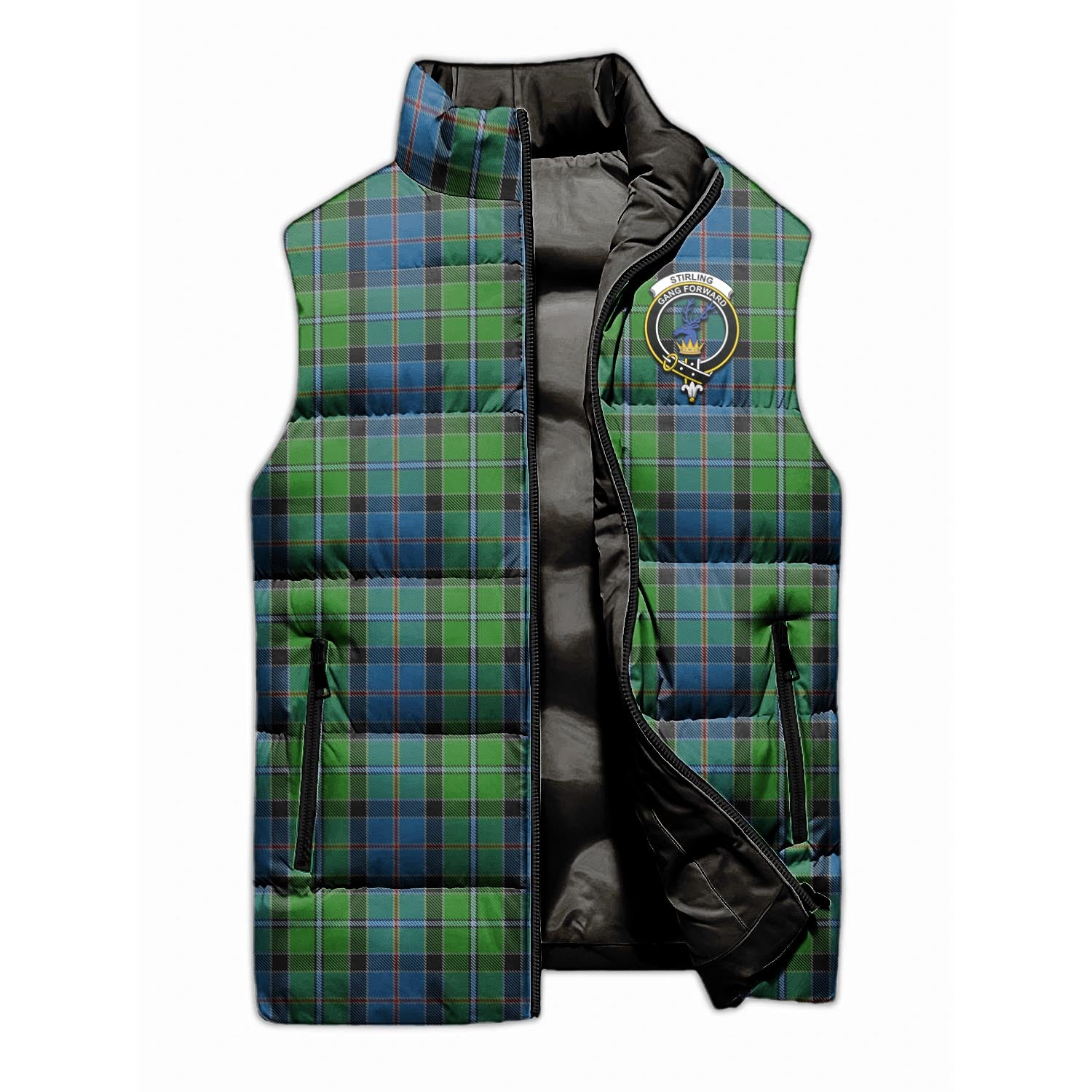 Stirling Tartan Sleeveless Puffer Jacket with Family Crest - Tartanvibesclothing