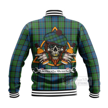 Tartan Vibes Clothing Stirling Tartan Baseball Jacket with Family Crest and Bearded Skull Holding Bottles of Whiskey