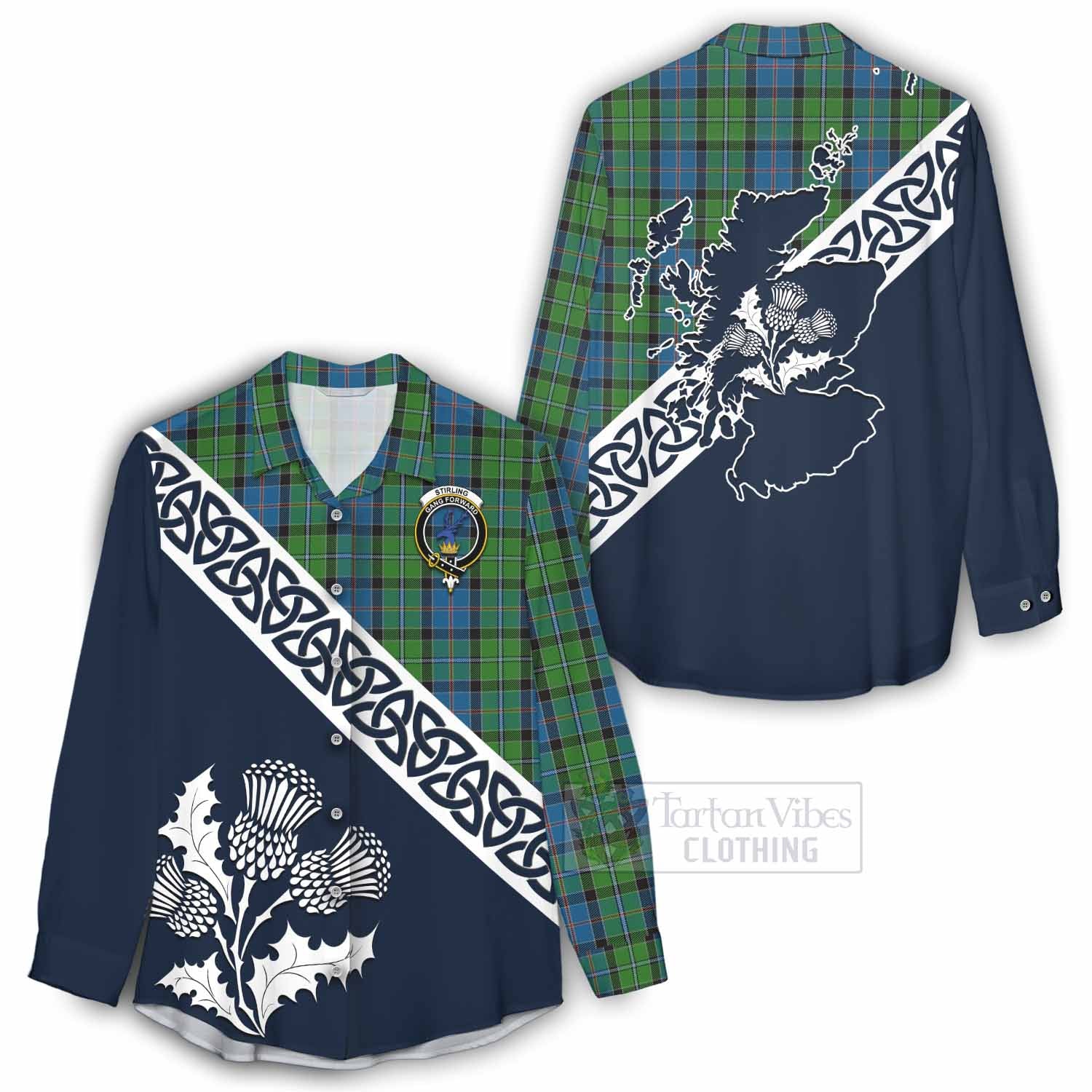 Tartan Vibes Clothing Stirling Tartan Women's Casual Shirt Featuring Thistle and Scotland Map