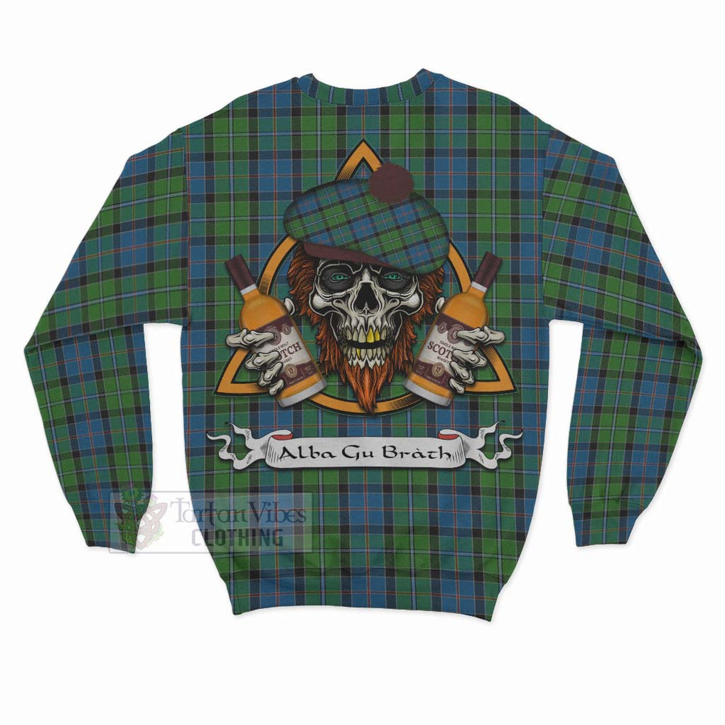 Tartan Vibes Clothing Stirling Tartan Sweatshirt with Family Crest and Bearded Skull Holding Bottles of Whiskey