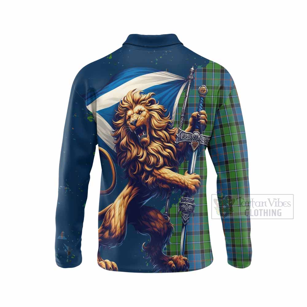 Tartan Vibes Clothing Stirling Tartan Family Crest Long Sleeve Polo Shirt with Scottish Majestic Lion