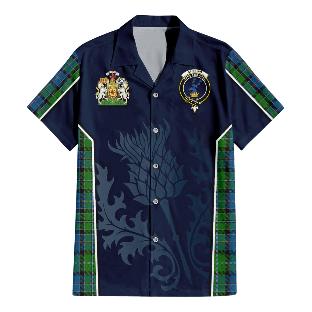 Tartan Vibes Clothing Stirling Tartan Short Sleeve Button Up Shirt with Family Crest and Scottish Thistle Vibes Sport Style