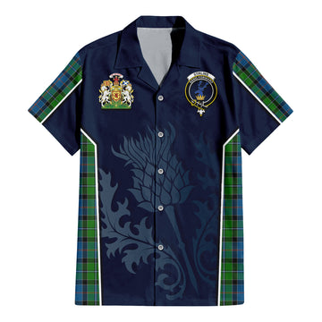 Stirling Tartan Short Sleeve Button Up Shirt with Family Crest and Scottish Thistle Vibes Sport Style