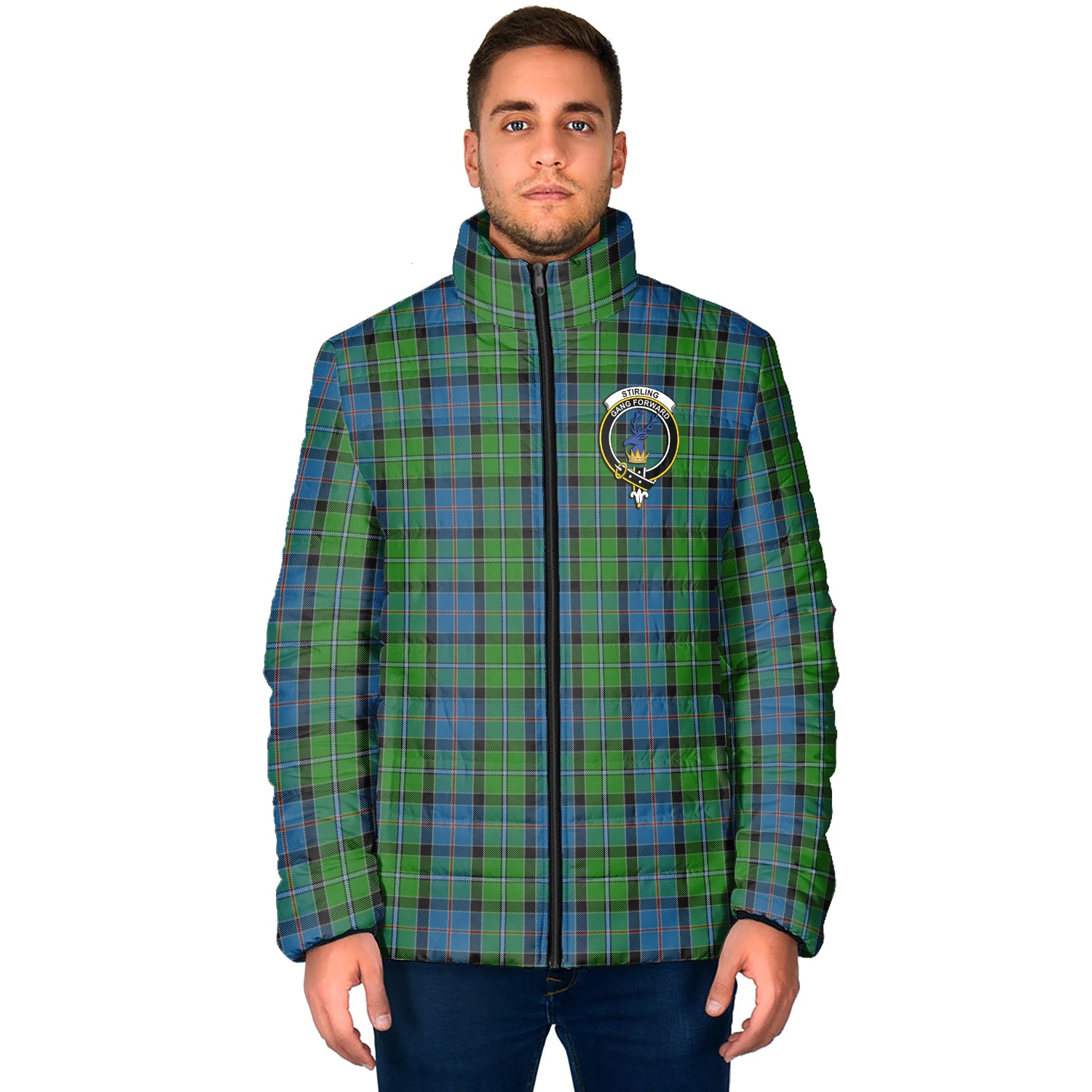 Stirling Tartan Padded Jacket with Family Crest - Tartan Vibes Clothing