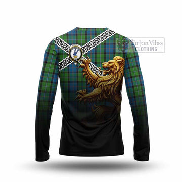 Tartan Vibes Clothing Stirling Crest Tartan Long Sleeve T-Shirt with Golden Lion Emblem Celtic Style