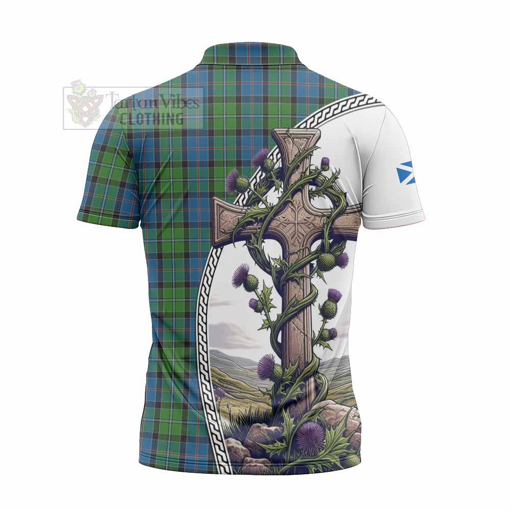 Tartan Vibes Clothing Stirling Tartan Zipper Polo Shirt with Family Crest and St. Andrew's Cross Accented by Thistle Vines
