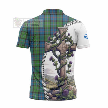 Tartan Vibes Clothing Stirling Tartan Zipper Polo Shirt with Family Crest and St. Andrew's Cross Accented by Thistle Vines