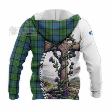 Tartan Vibes Clothing Stirling Tartan Knitted Hoodie with Family Crest and St. Andrew's Cross Accented by Thistle Vines