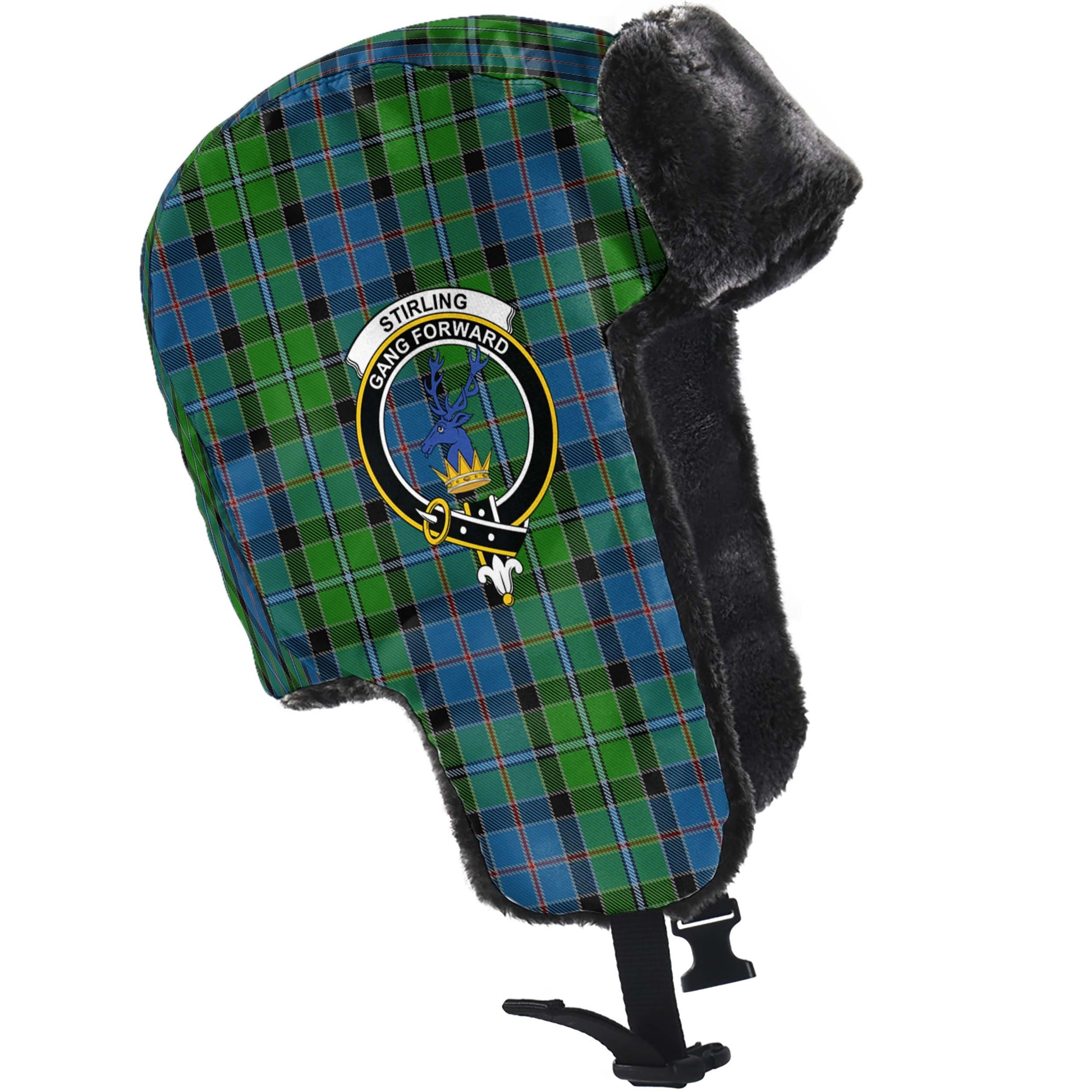 Stirling Tartan Winter Trapper Hat with Family Crest - Tartanvibesclothing