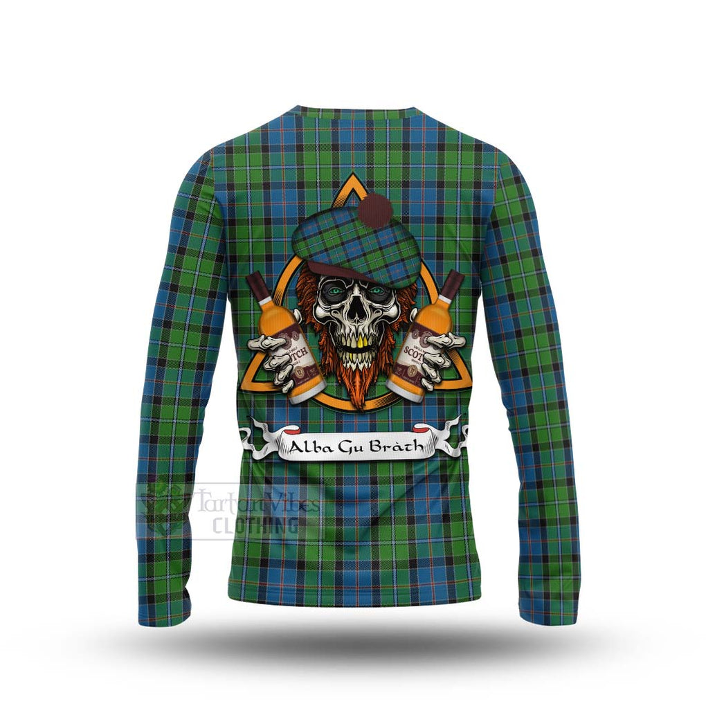 Tartan Vibes Clothing Stirling Tartan Long Sleeve T-Shirt with Family Crest and Bearded Skull Holding Bottles of Whiskey